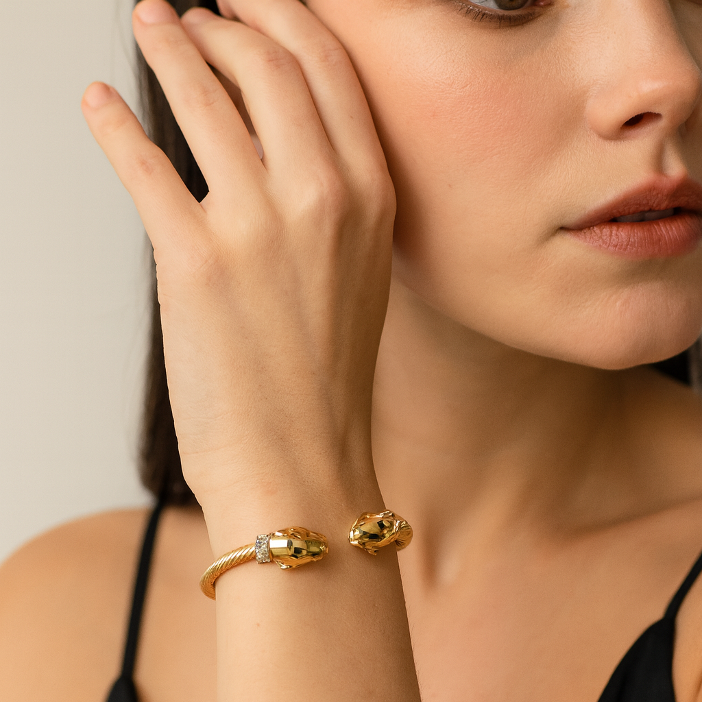 Panther Head Gold Open Cuff Bracelet