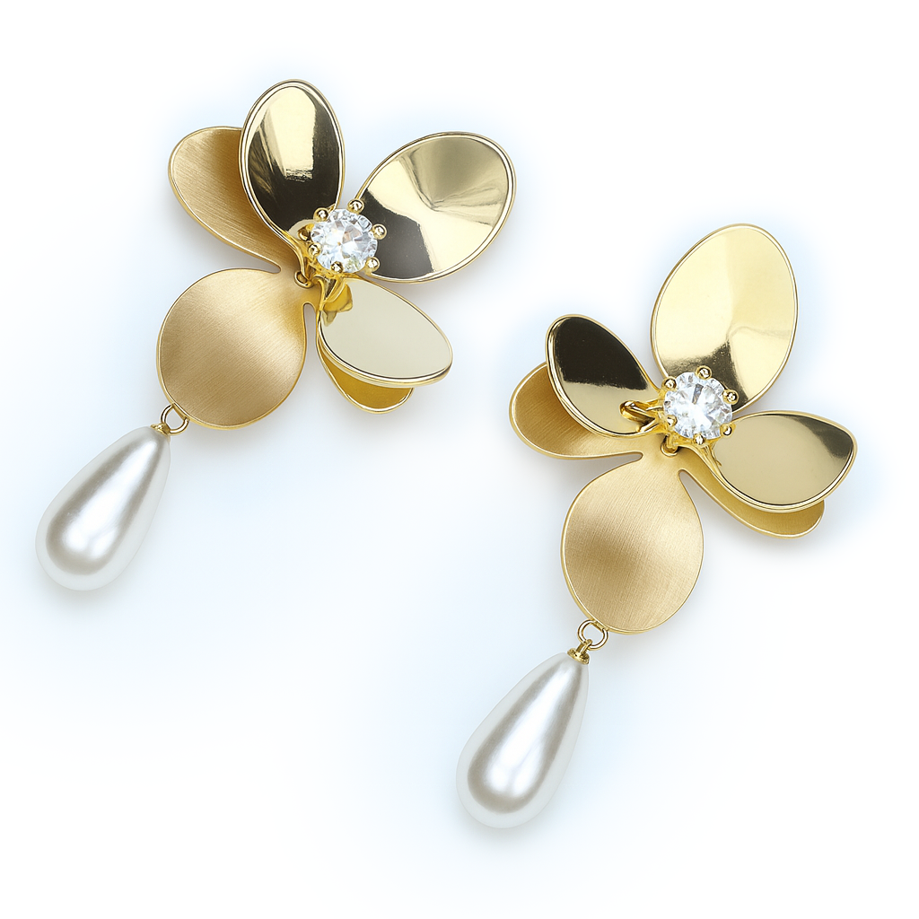 Aanura Pearl Drop Floral Gold Earrings