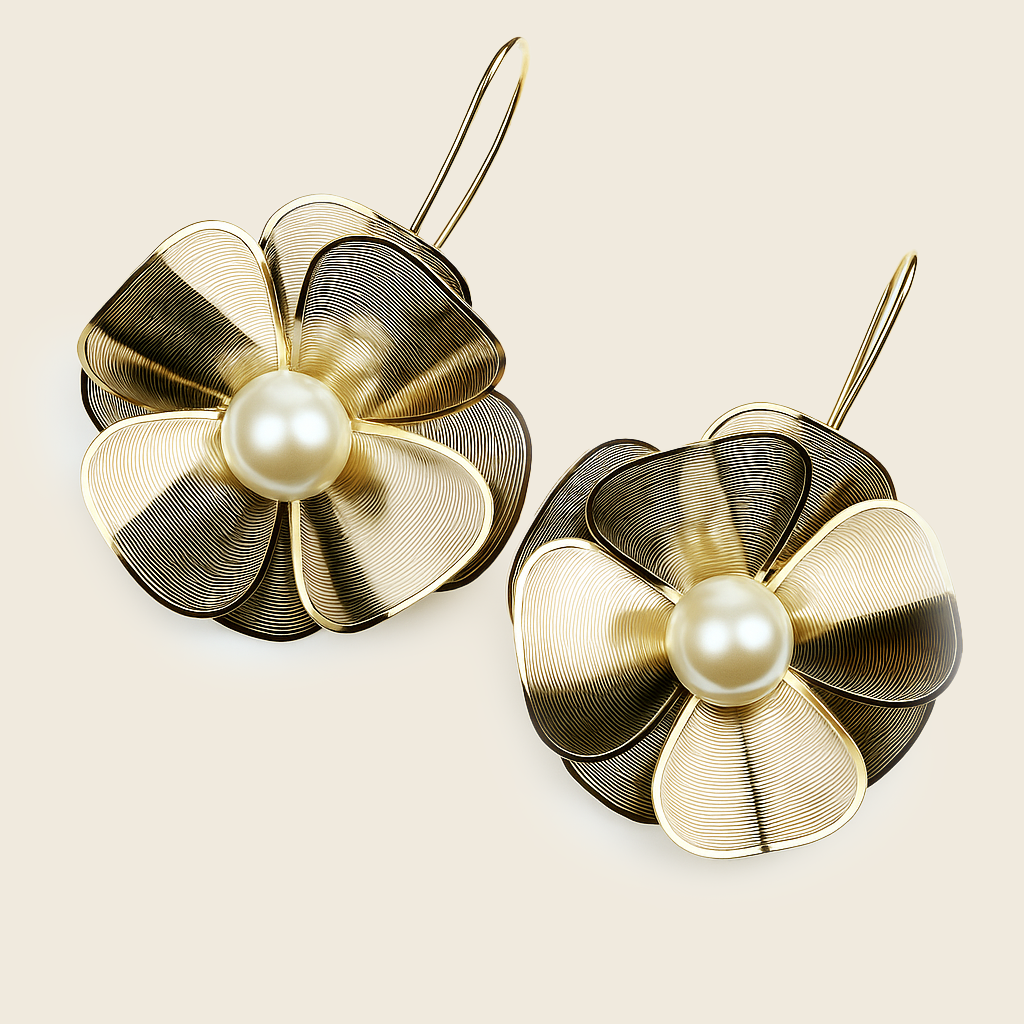 Aanura Floral Pearl Gold Statement Earrings