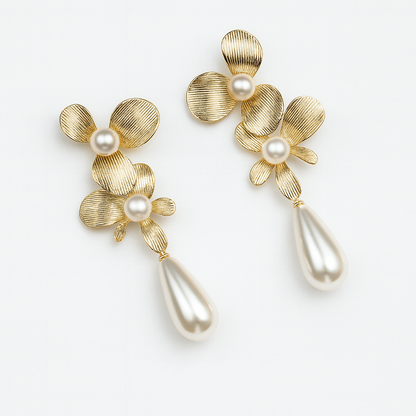 Aanura Floral Pearl Drop Gold Statement Earrings