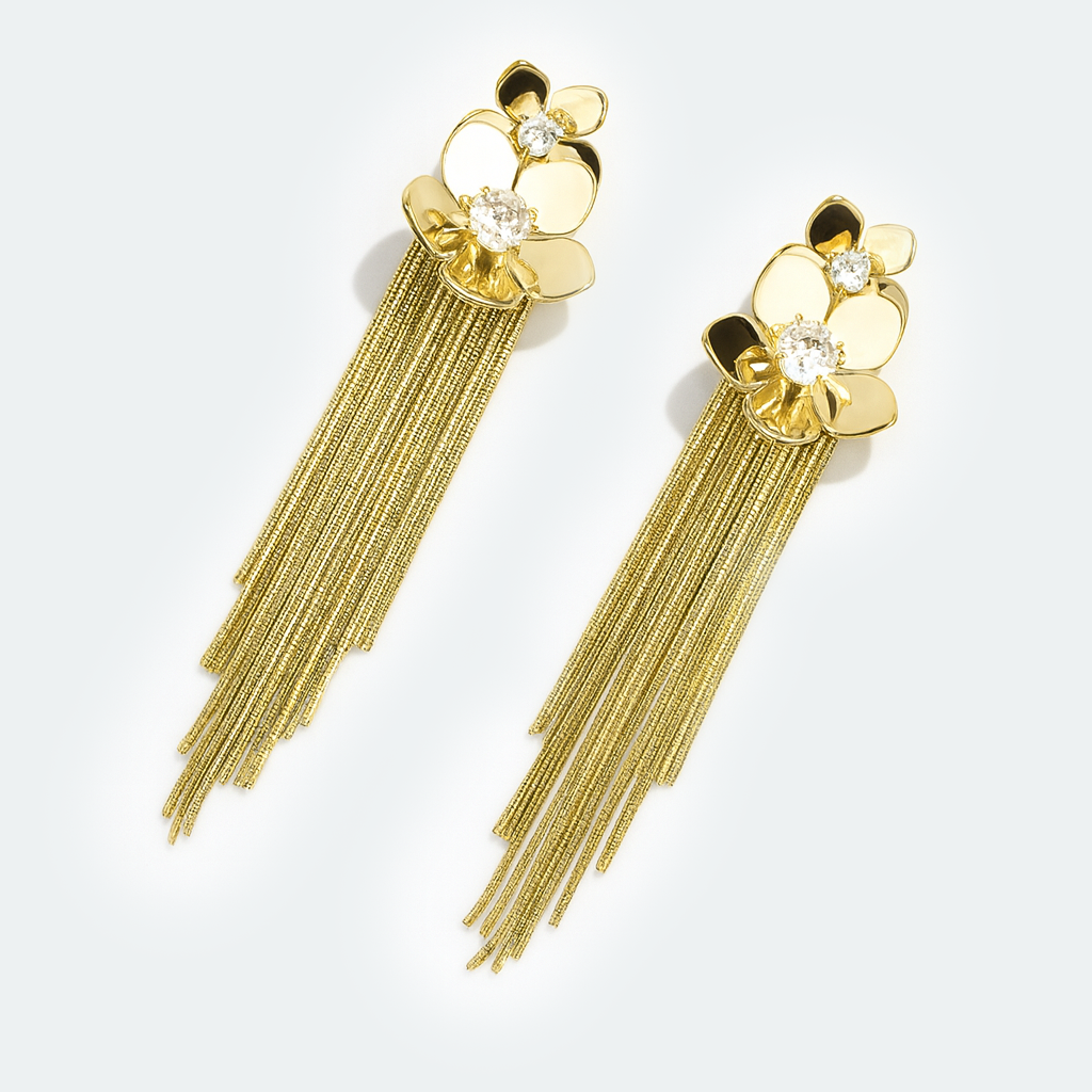 Aanura Crystal Floral Tassel Gold Drop Earrings