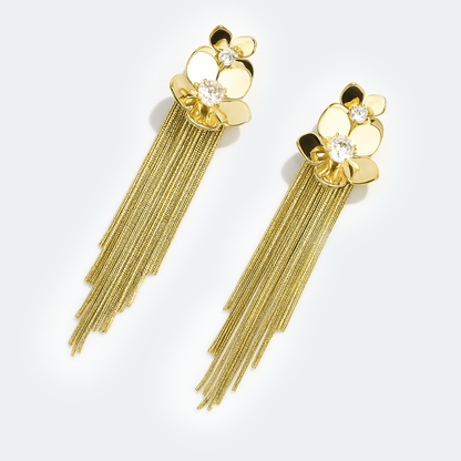 Aanura Crystal Floral Tassel Gold Drop Earrings