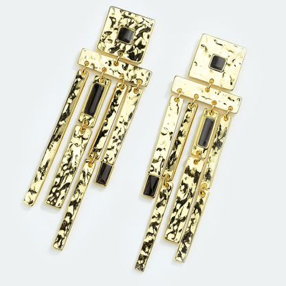 Aanura Hammered Gold Black Stone Dangle Earrings