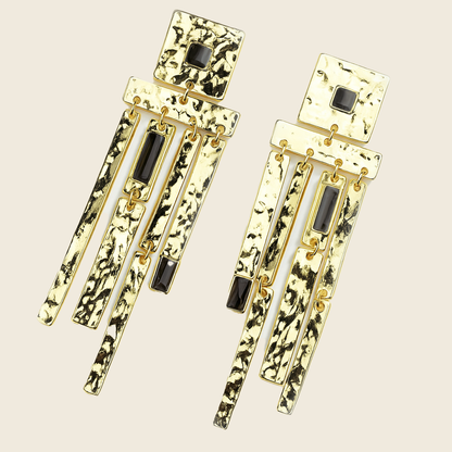 Aanura Hammered Gold Black Stone Dangle Earrings