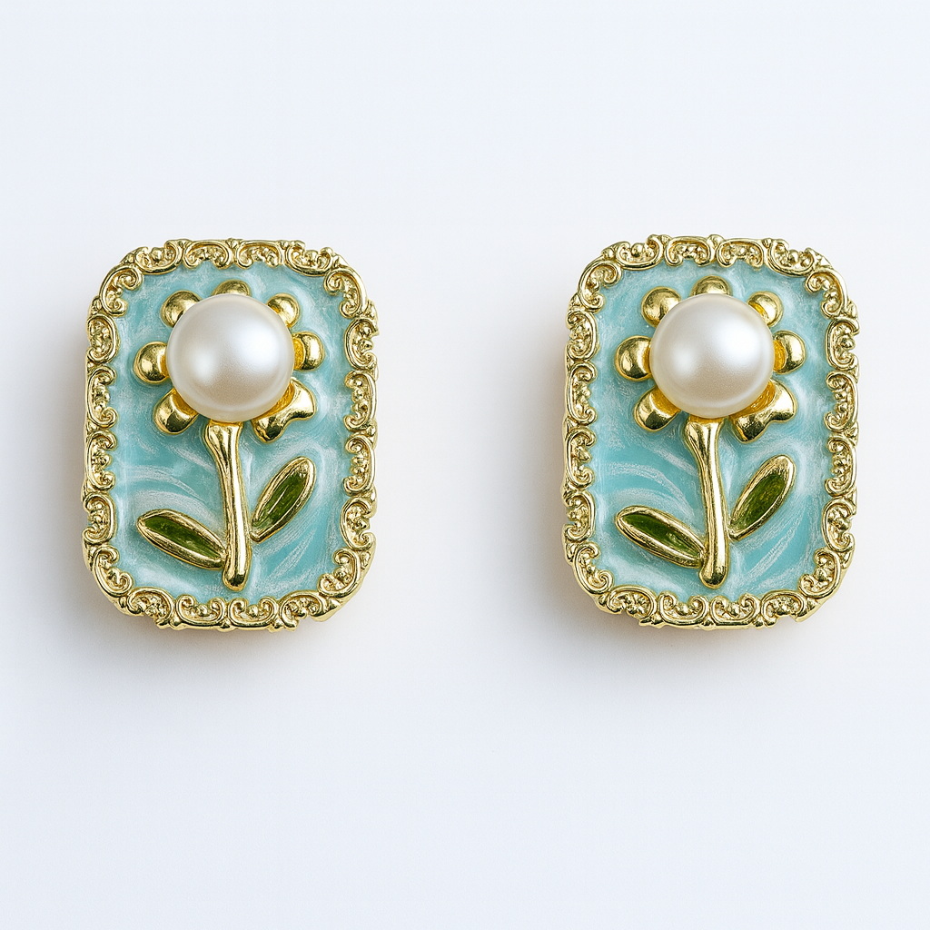 Aanura Vintage Pearl Floral Stud Earrings