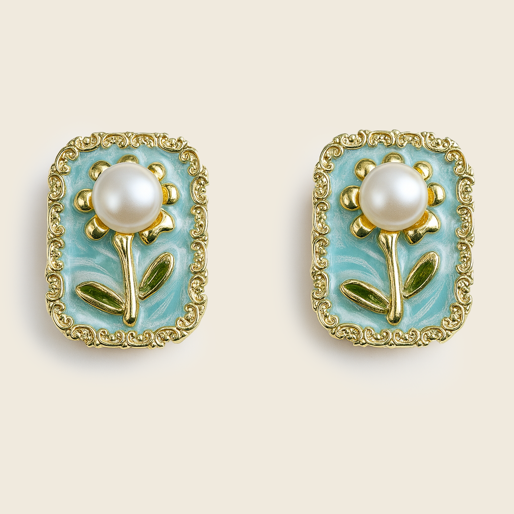 Aanura Vintage Pearl Floral Stud Earrings