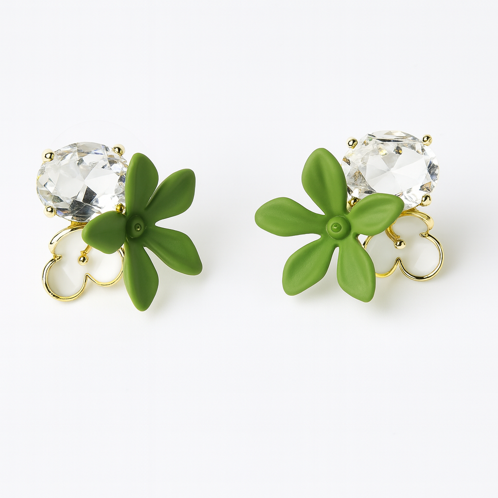 Aanura Green Floral Crystal Stud Earrings