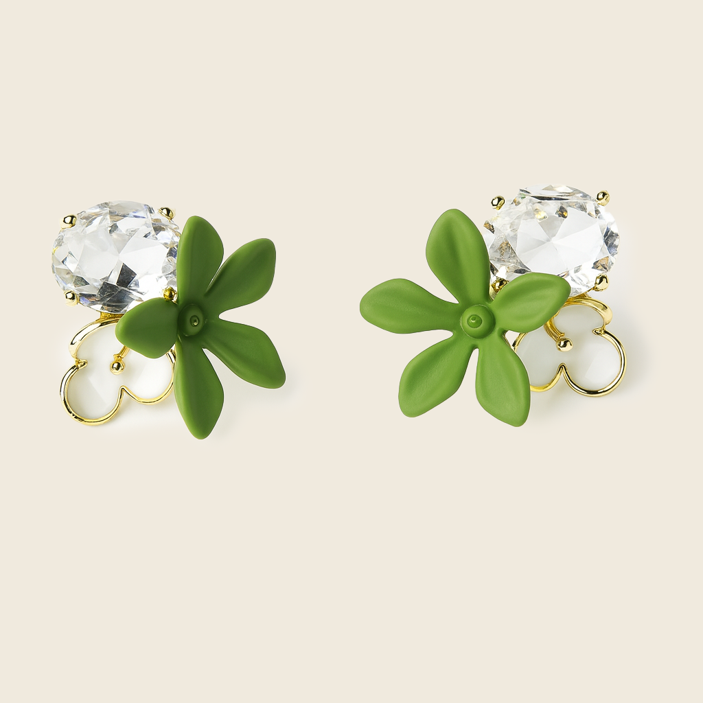 Aanura Green Floral Crystal Stud Earrings