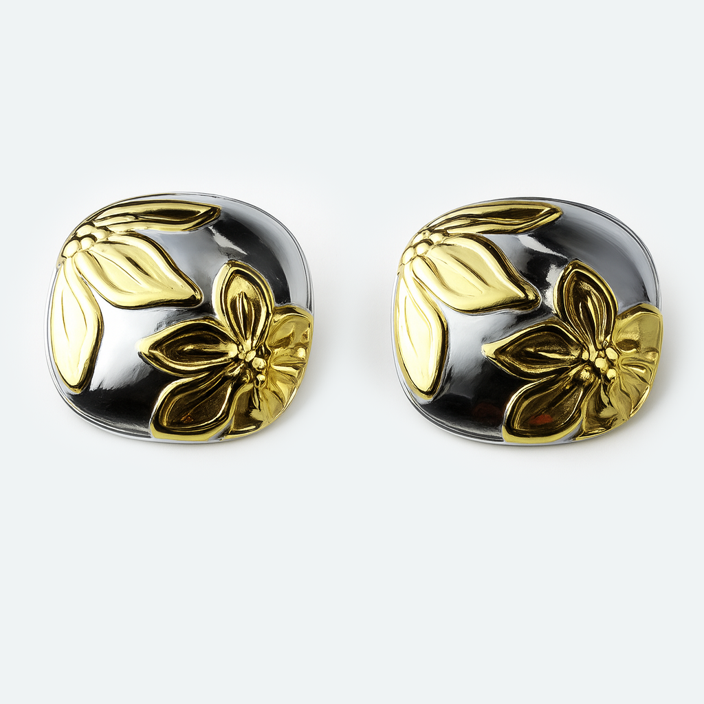Aanura Dual-Tone Square Floral Stud Earrings