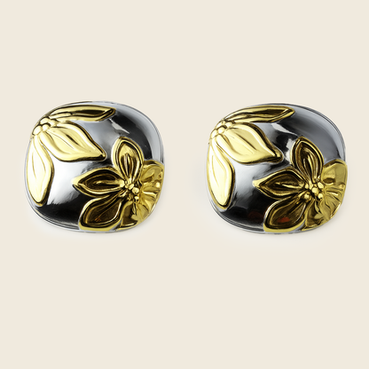 Aanura Dual-Tone Square Floral Stud Earrings