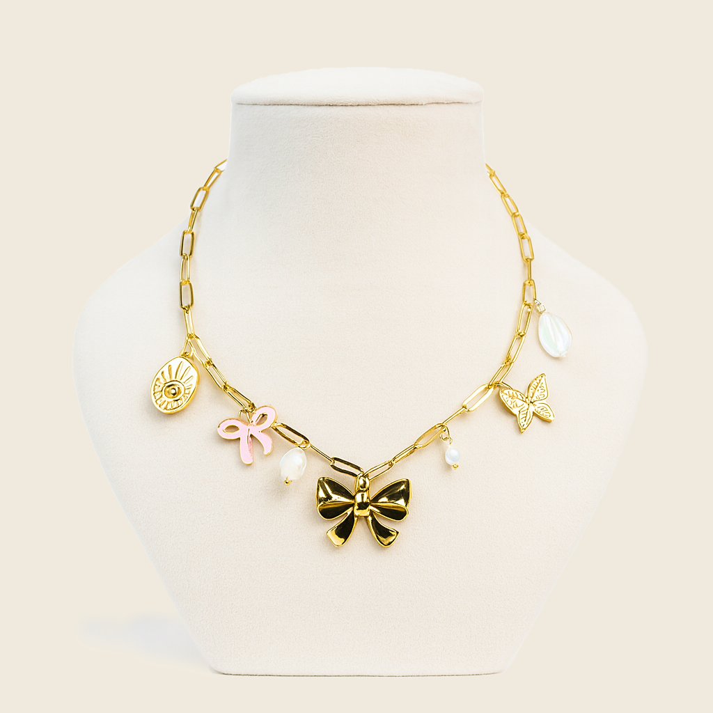 Aanura Gold Charm Necklace with Bow & Butterfly