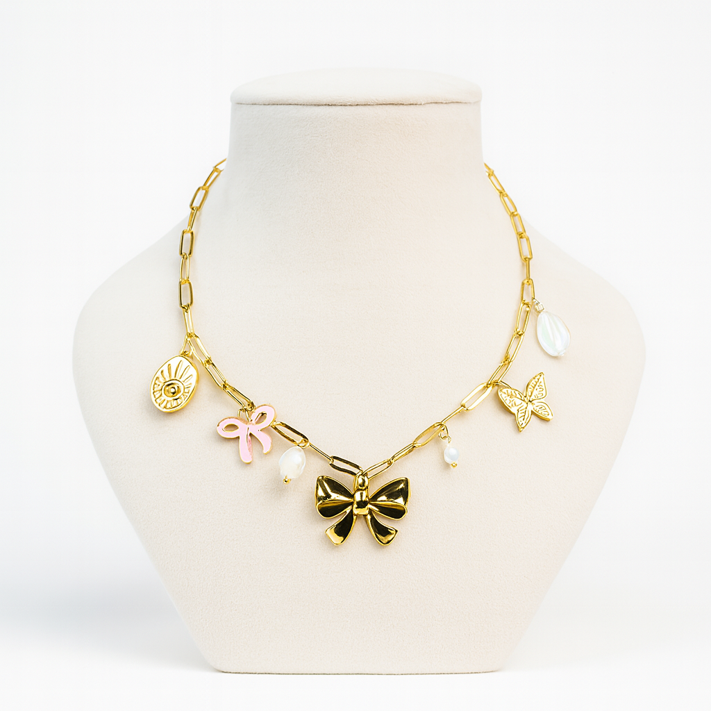 Aanura Gold Charm Necklace with Bow & Butterfly