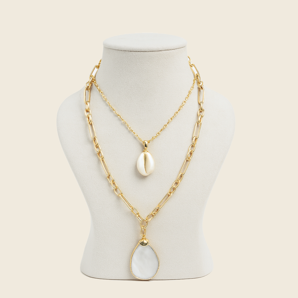 Aanura Double Layer Gold Chain Necklace with Shell