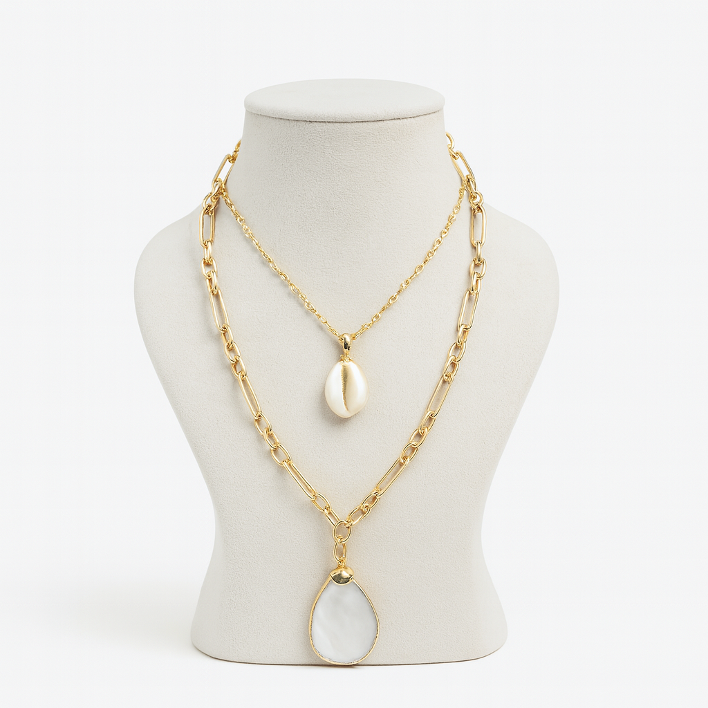 Aanura Double Layer Gold Chain Necklace with Shell