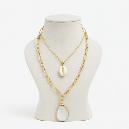 Aanura Double Layer Gold Chain Necklace with Shell