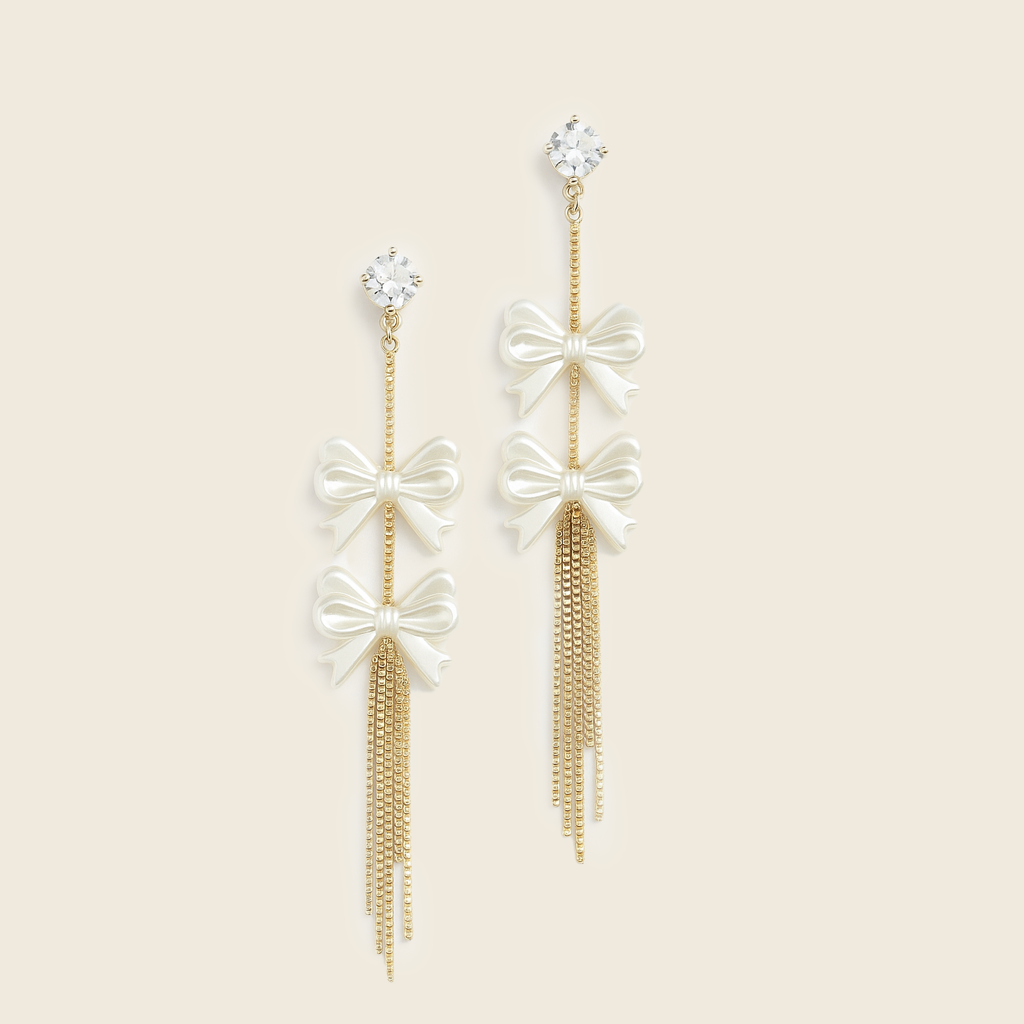 Aanura Pearl Bow Tassel Gold Drop Earrings