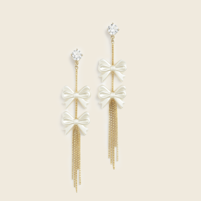 Aanura Pearl Bow Tassel Gold Drop Earrings