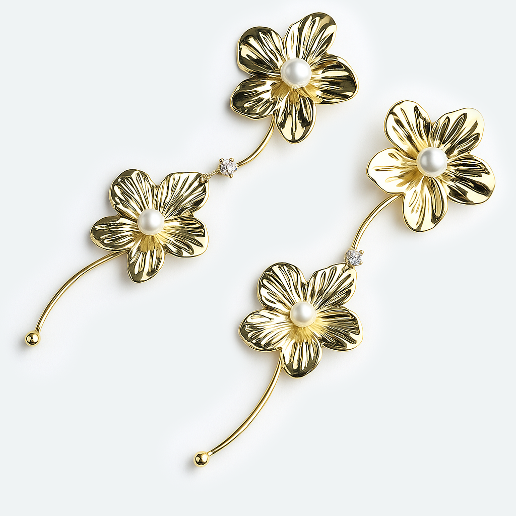 Aanura Pearl Center Floral Long Drop Earrings