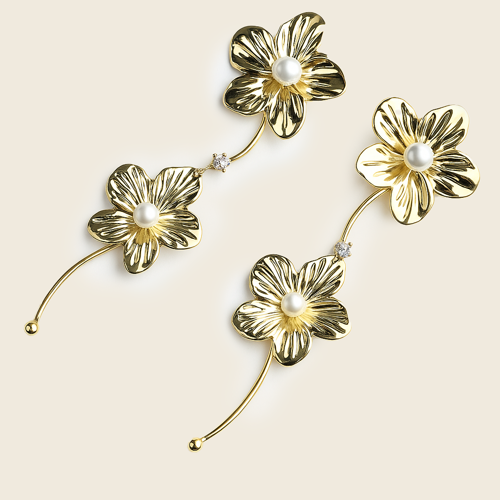 Aanura Pearl Center Floral Long Drop Earrings