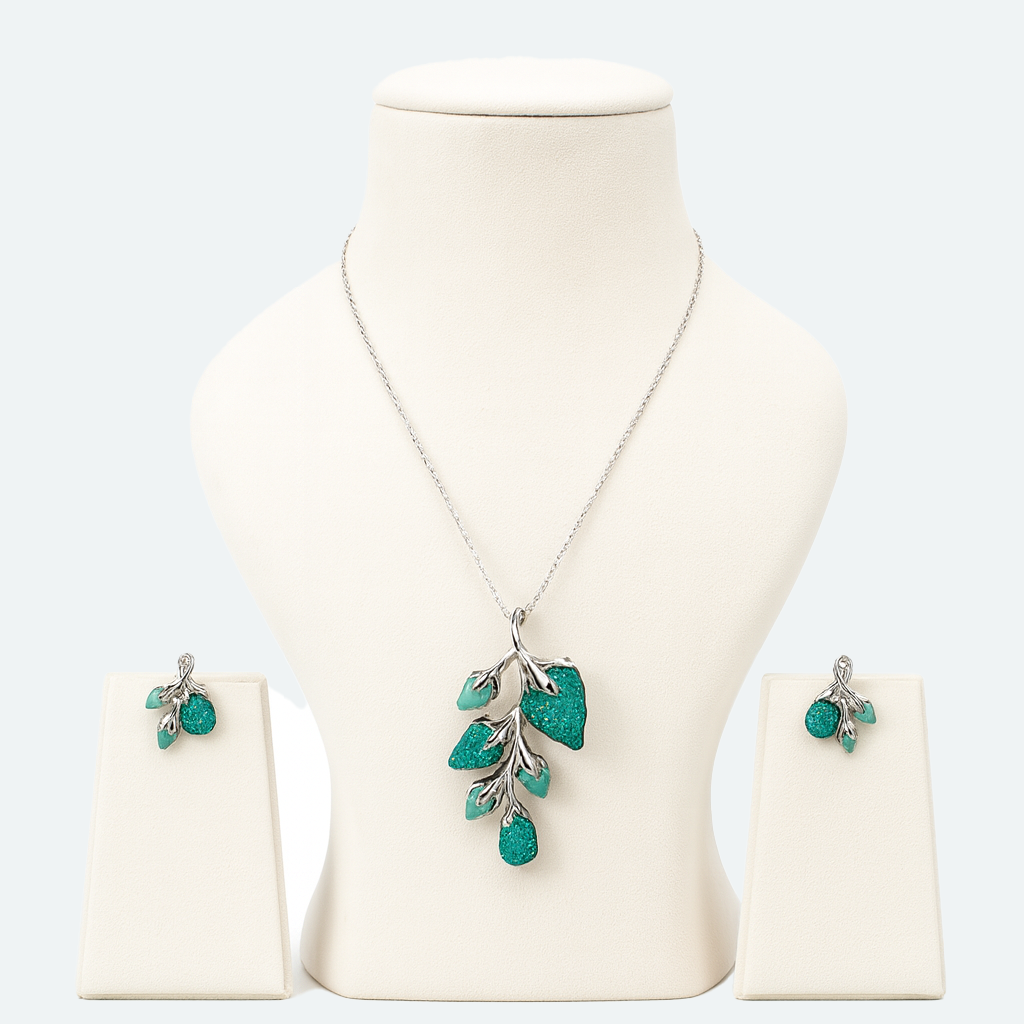 Aanura Emerald Leaf Necklace & Earrings Set