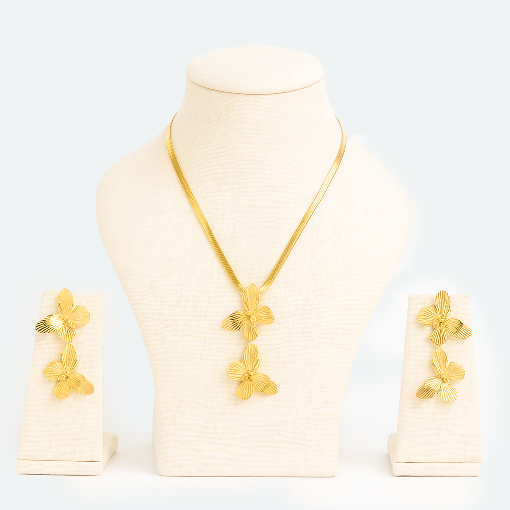 Golden Triple Orchid Necklace & Earrings Set