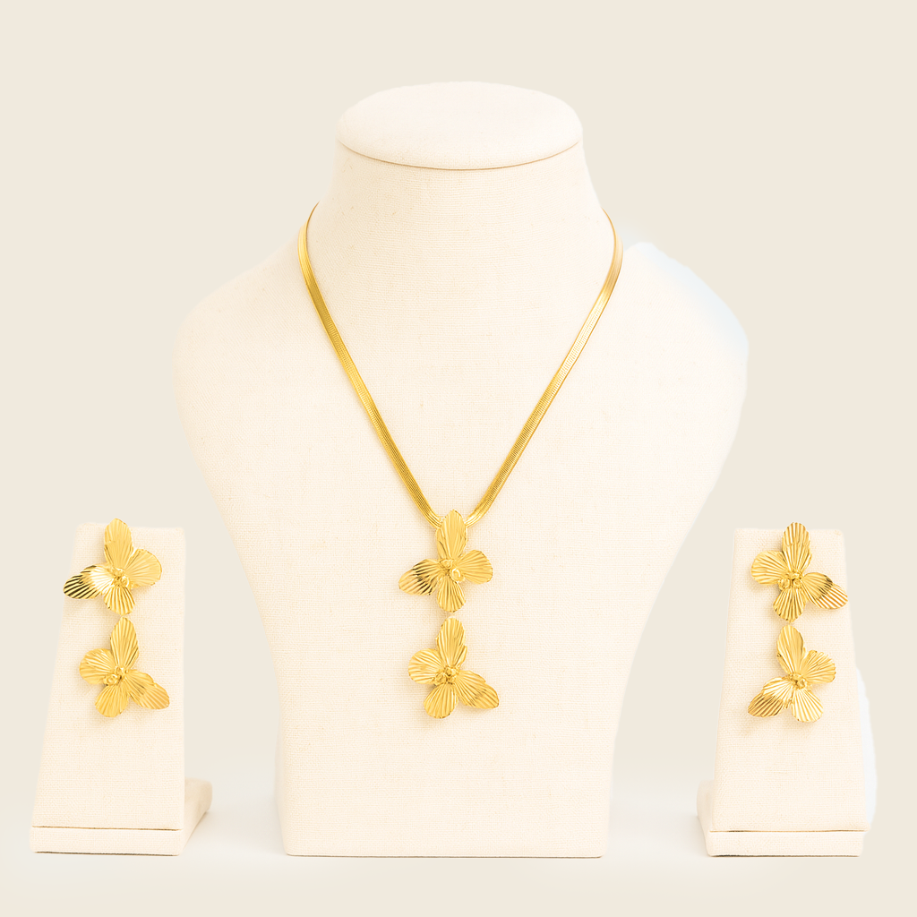 Golden Triple Orchid Necklace & Earrings Set