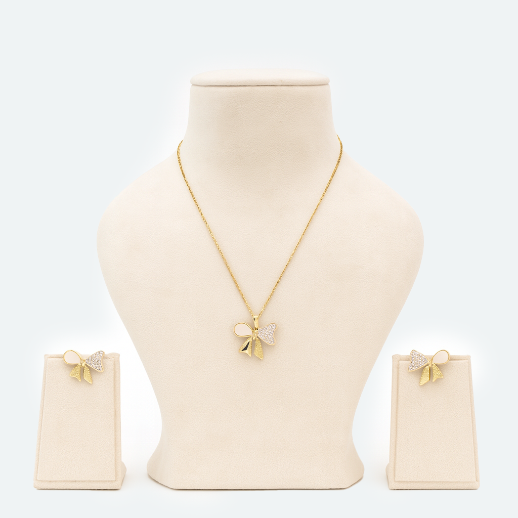 Golden Bow Pearl Necklace & Earrings Set
