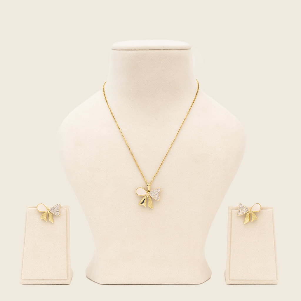 Golden Bow Pearl Necklace & Earrings Set
