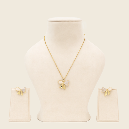 Golden Bow Pearl Necklace & Earrings Set