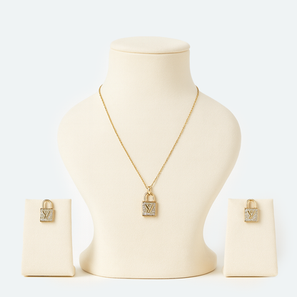Golden Lock Pendant Necklace & Earrings Set