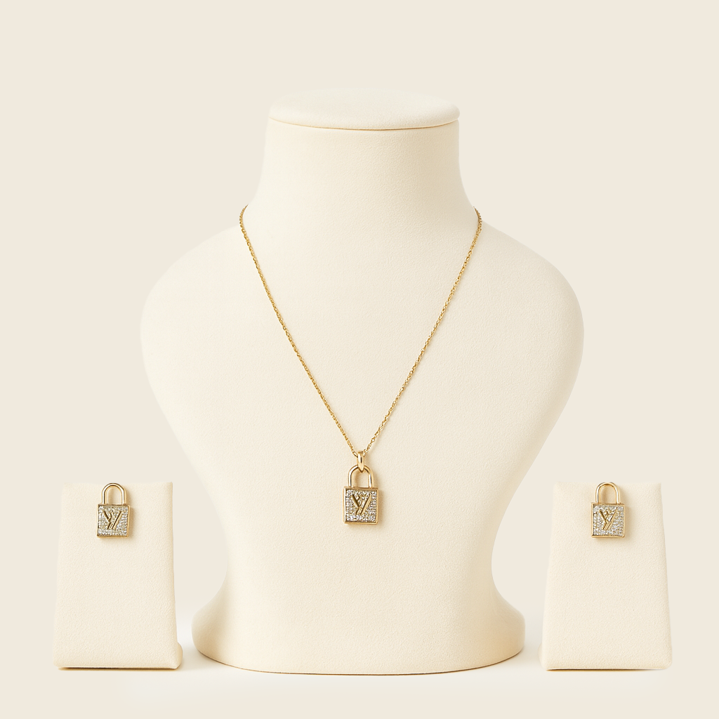 Golden Lock Pendant Necklace & Earrings Set