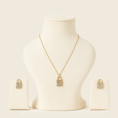 Golden Lock Pendant Necklace & Earrings Set