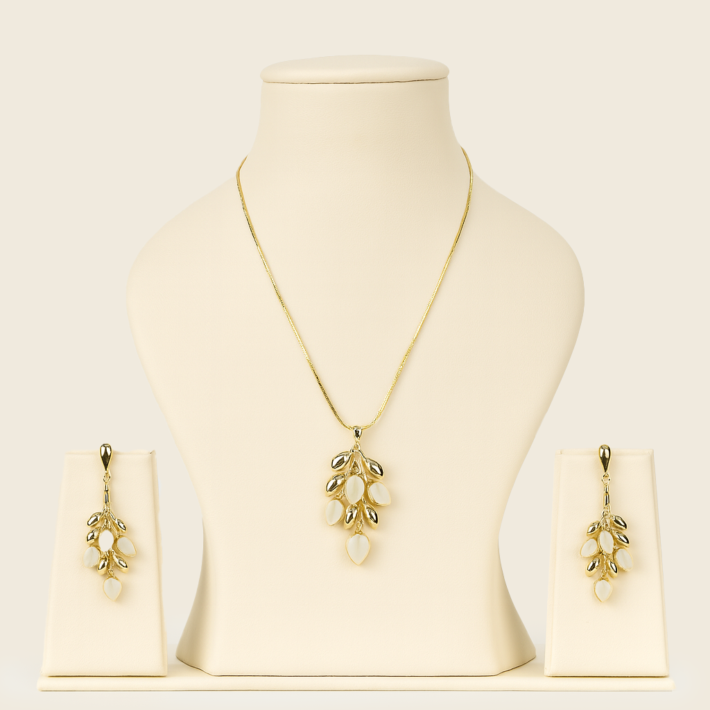 Aanura Golden Leaf Drop Necklace & Earrings Set
