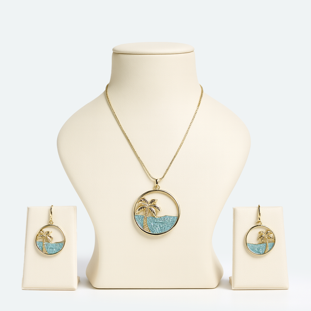 Aanura Palm Tree Ocean Necklace & Earrings Set