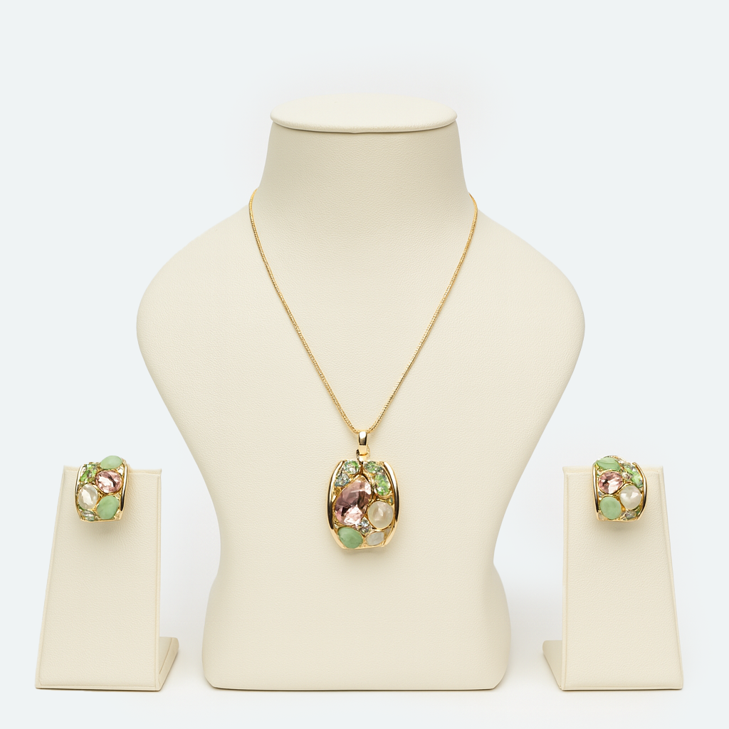 Aanura Pastel Green Peach Rectangular Necklace & Earrings