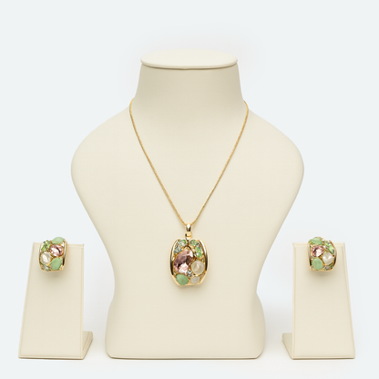 Aanura Pastel Green Peach Rectangular Necklace & Earrings