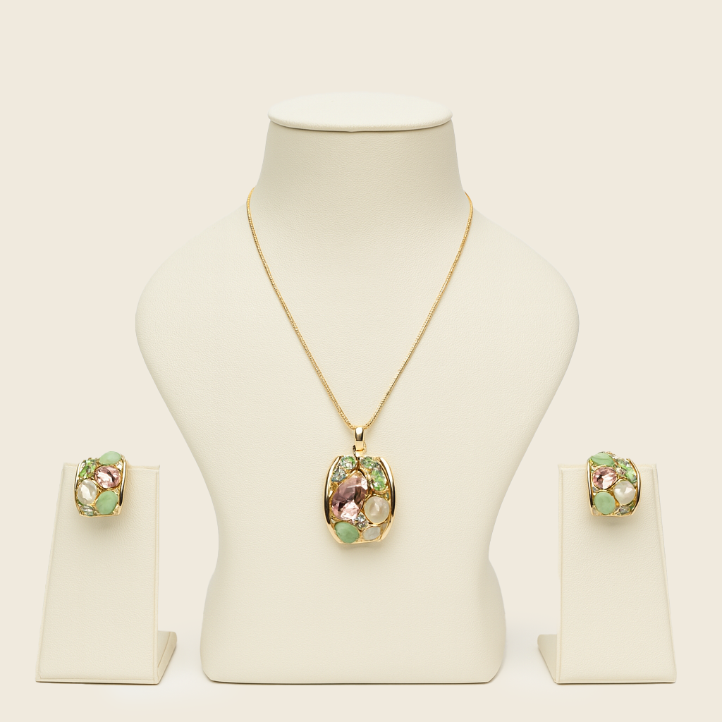 Aanura Pastel Green Peach Rectangular Necklace & Earrings