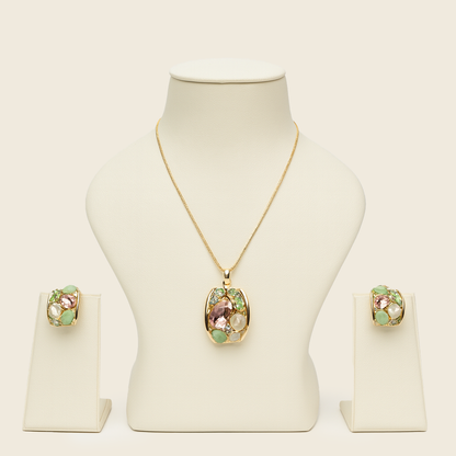 Aanura Pastel Green Peach Rectangular Necklace & Earrings