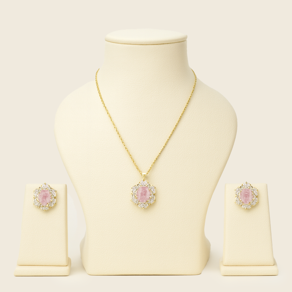 Aanura Pink Oval Halo Necklace & Earrings Set