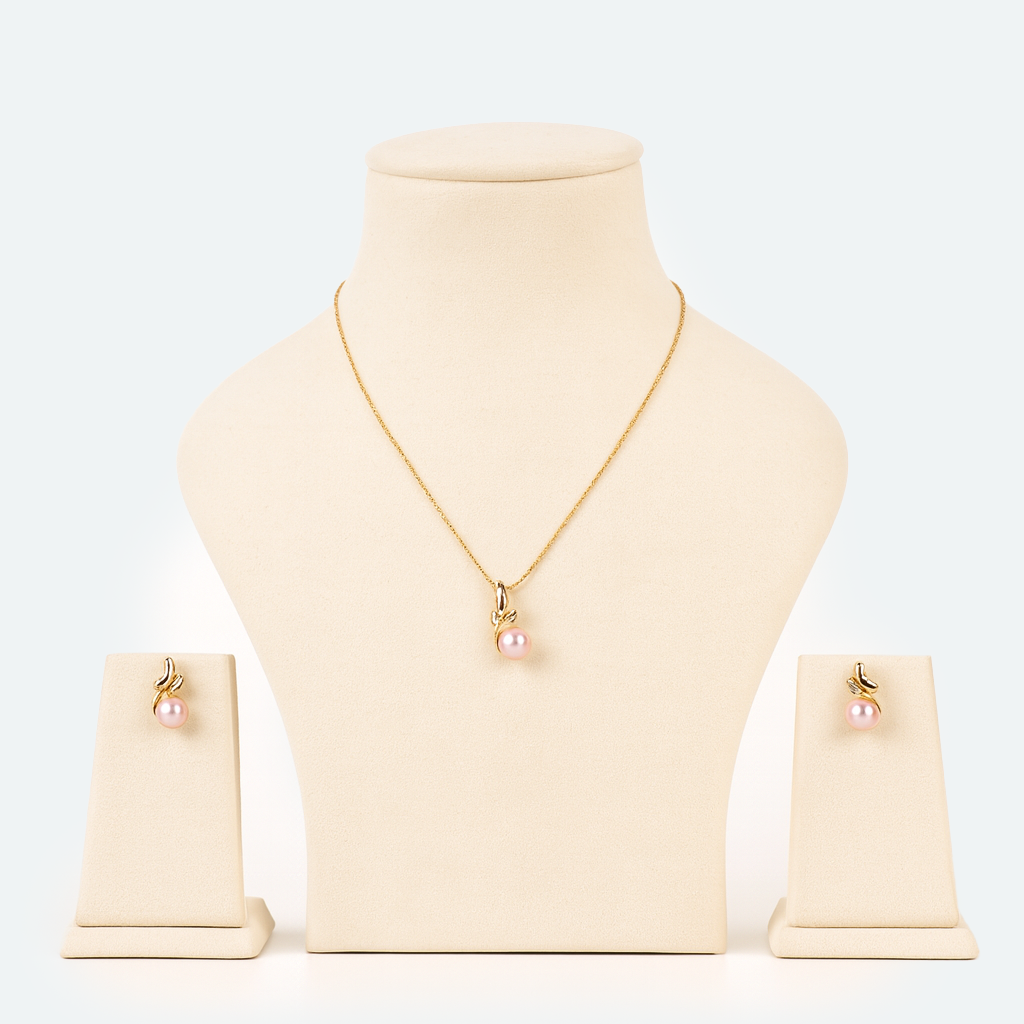 Aanura Pink Pearl Leaf Necklace & Earrings Set
