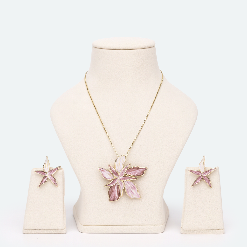 Aanura Pink Orchid Flower Necklace & Earrings