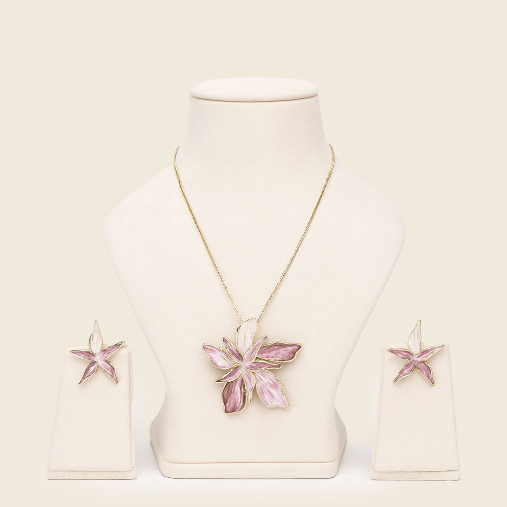 Aanura Pink Orchid Flower Necklace & Earrings