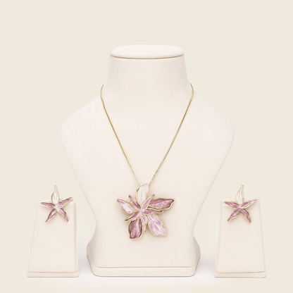 Aanura Pink Orchid Flower Necklace & Earrings