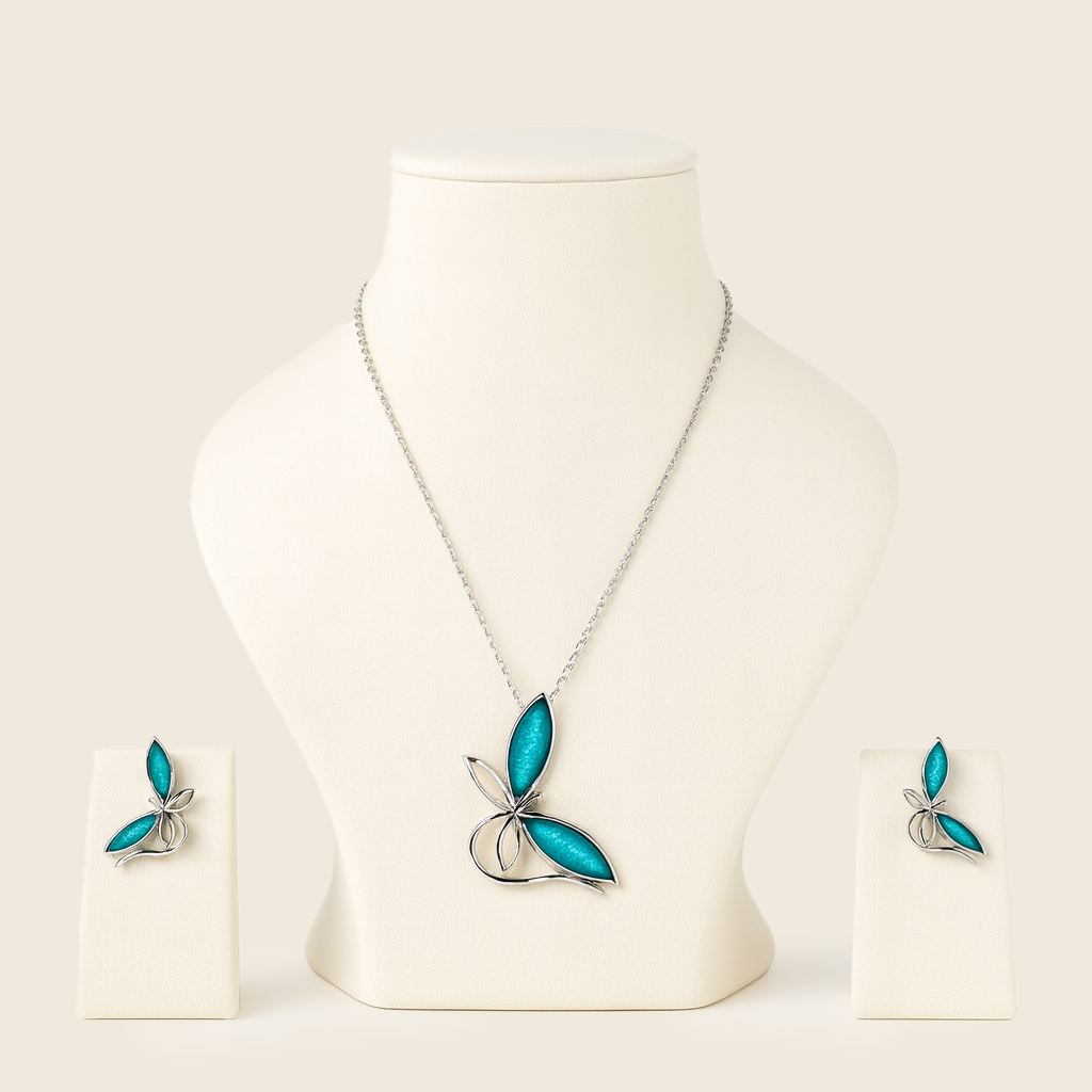 Aanura Blue Butterfly Necklace & Earrings Set