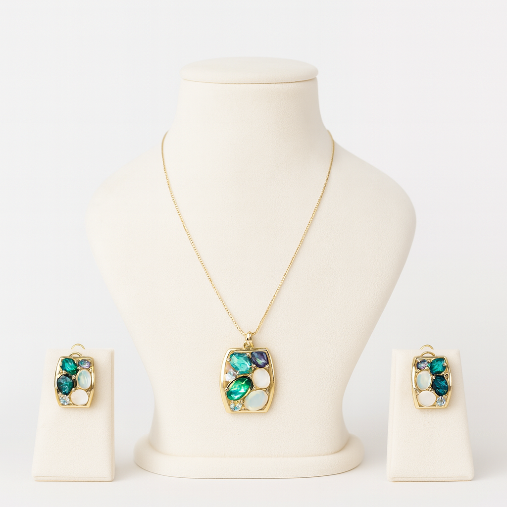 Aanura Pastel Green Peach Rectangular Necklace & Earrings