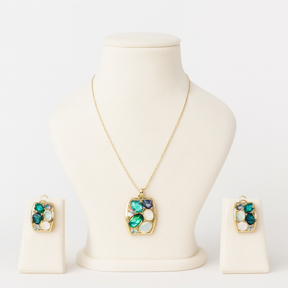 Aanura Pastel Green Peach Rectangular Necklace & Earrings
