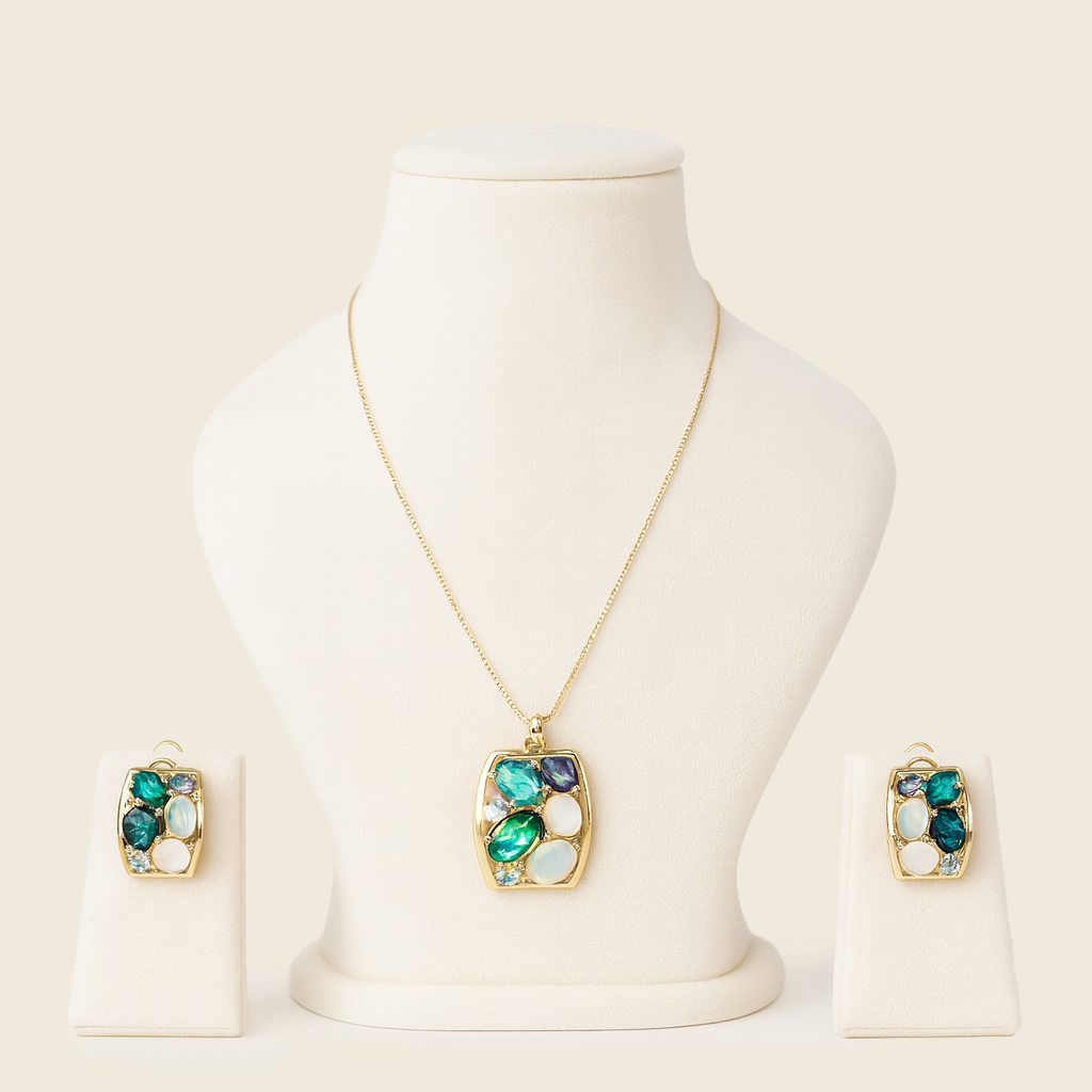 Aanura Pastel Green Peach Rectangular Necklace & Earrings