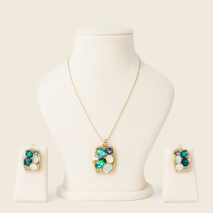 Aanura Pastel Green Peach Rectangular Necklace & Earrings