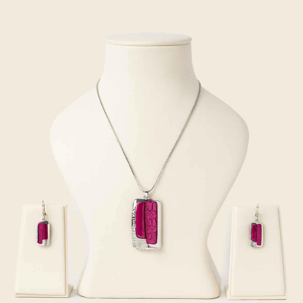 Aanura Rectangular Pink Stone Necklace & Earrings Set