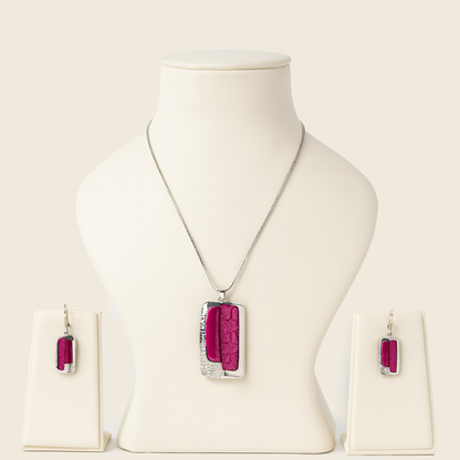 Aanura Rectangular Pink Stone Necklace & Earrings Set